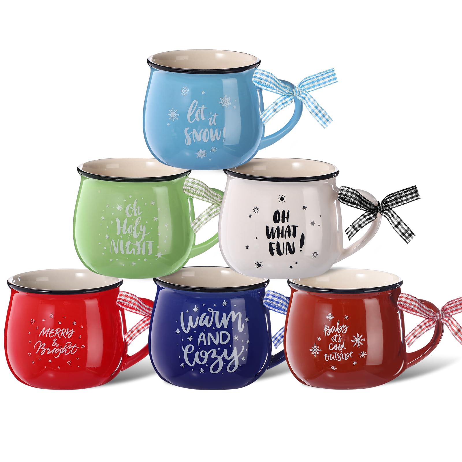 Sawysine Christmas Coffee Mugs Set of 6, 12 oz Ceramic Mug Gift Holiday Hot Cocoa for Mom Woman Family Friend Farmhouse (Colorful Style)