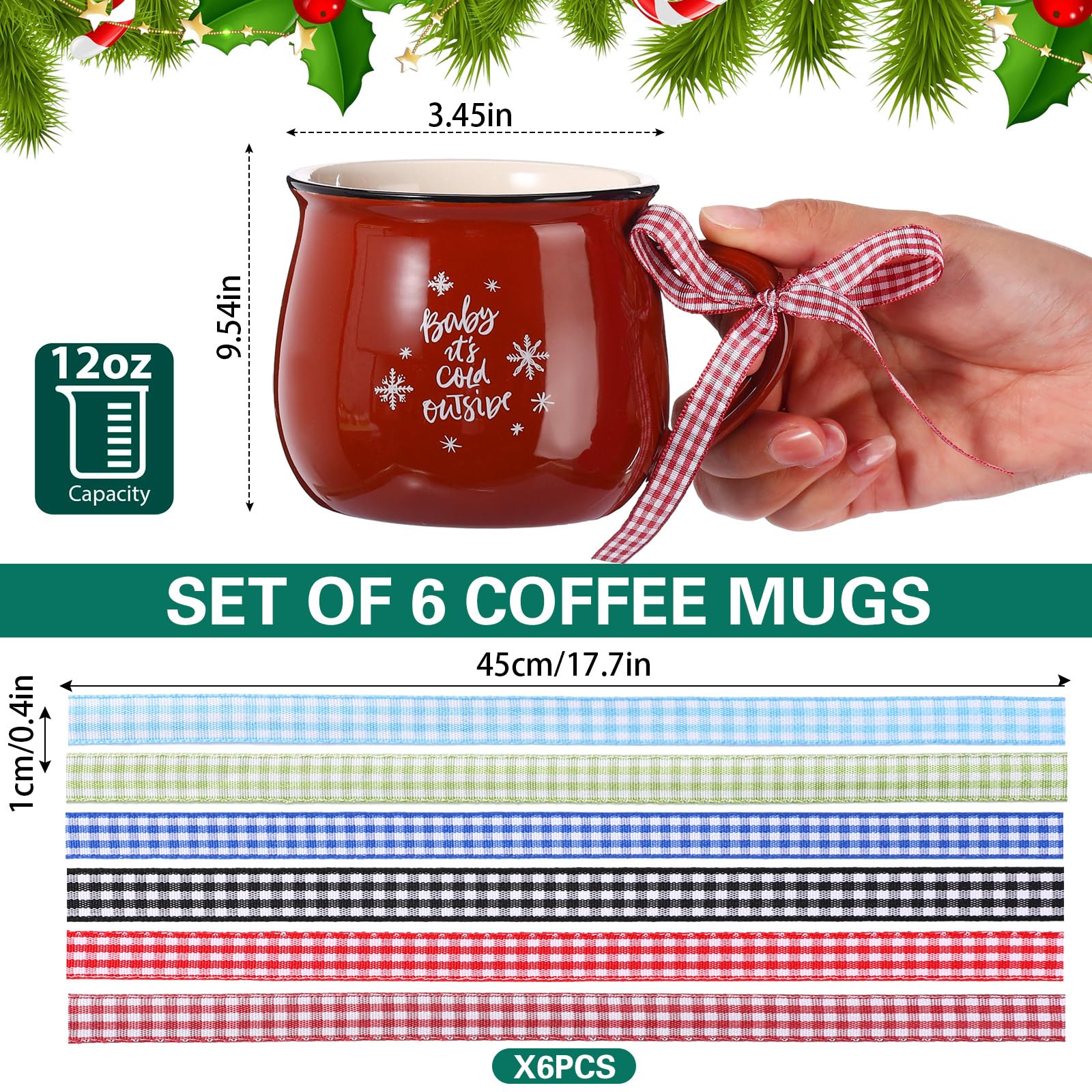 Sawysine Christmas Coffee Mugs Set of 6, 12 oz Ceramic Mug Gift Holiday Hot Cocoa for Mom Woman Family Friend Farmhouse (Colorful Style)