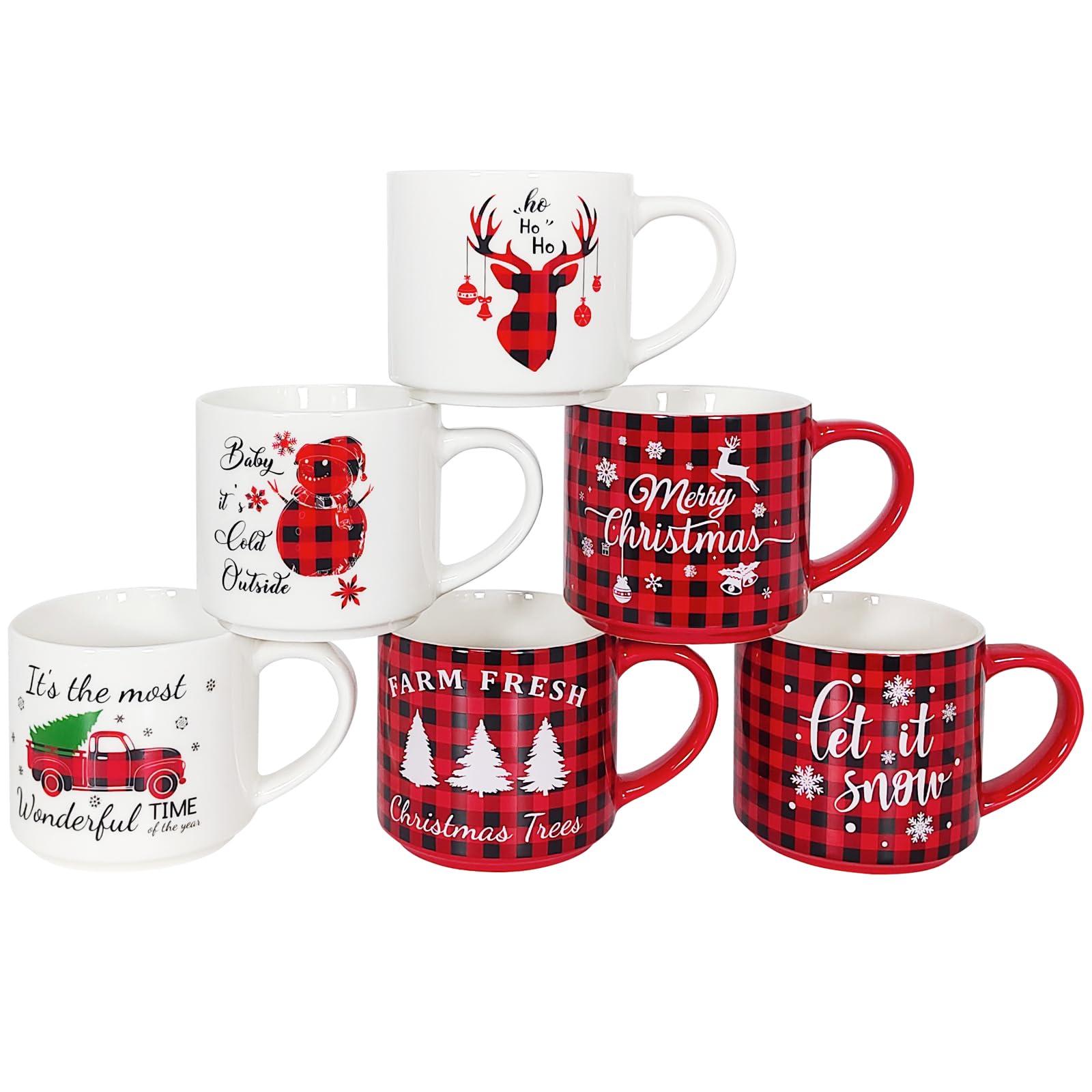 QIKSION Ceramic Christmas Mug Set of 6, 16oz Red Black Plaid Christmas Coffee Mug, Stackable Holiday Coffee Mugs as Christmas Gifts for Family, Friends and Colleagues