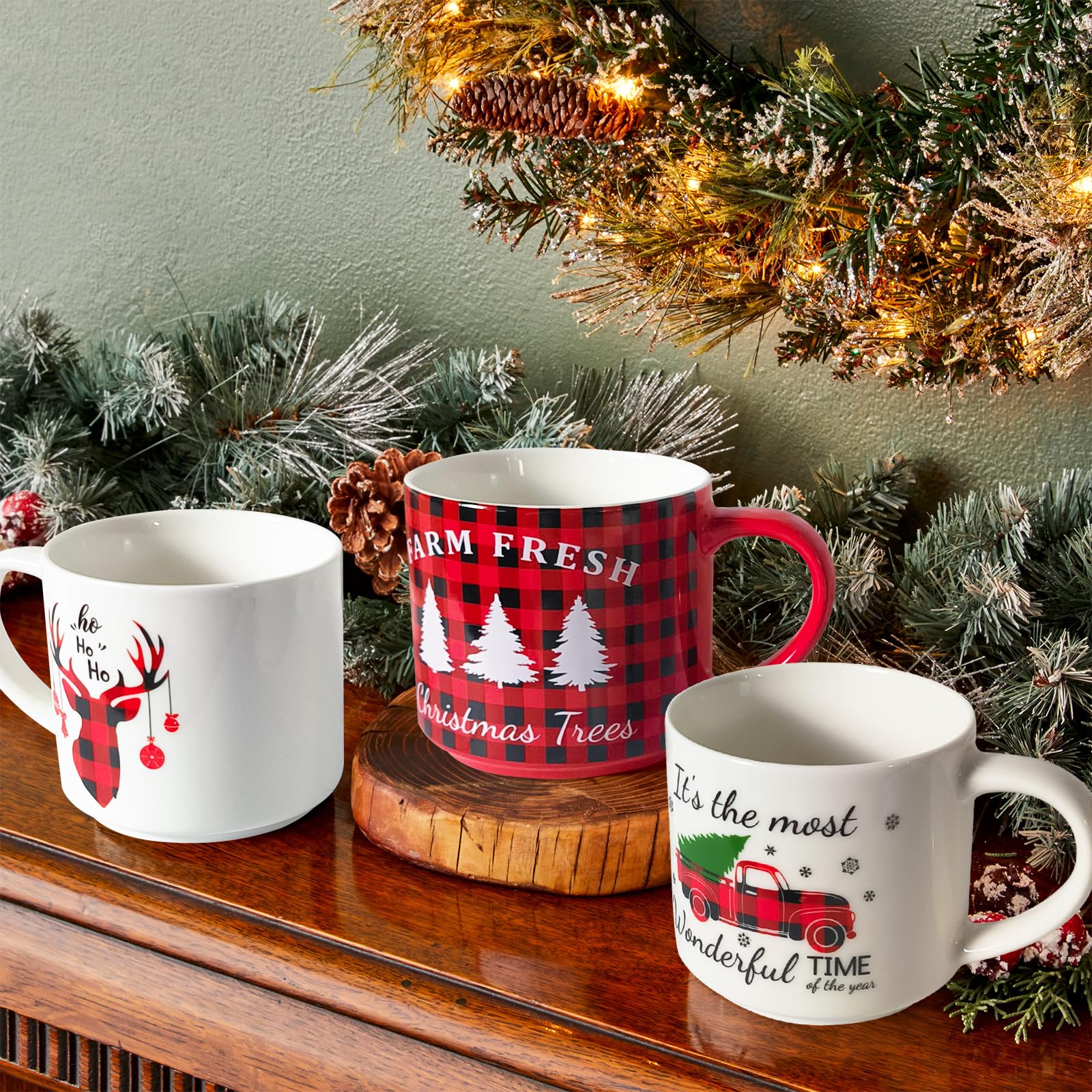 QIKSION Ceramic Christmas Mug Set of 6, 16oz Red Black Plaid Christmas Coffee Mug, Stackable Holiday Coffee Mugs as Christmas Gifts for Family, Friends and Colleagues