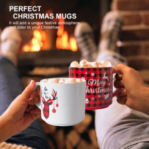 QIKSION Ceramic Christmas Mug Set of 6, 16oz Red Black Plaid Christmas Coffee Mug, Stackable Holiday Coffee Mugs as Christmas Gifts for Family, Friends and Colleagues