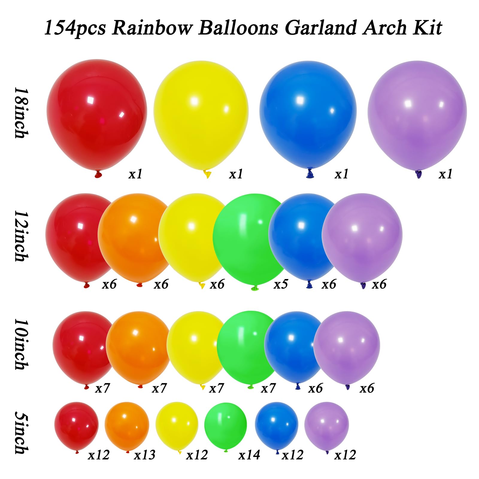 RUBFAC 154pcs Rainbow Balloons Different Sizes 18 12 10 5 Inches for Garland Arch, 6 Assorted Colors Latex Balloons for Birthday Baby Shower Graduation Wedding Anniversary Party Decorations