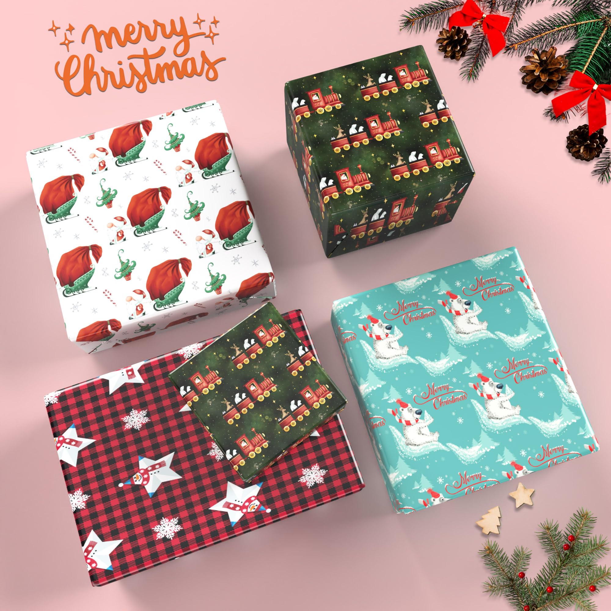 ZINTBIAL Funny Christmas Wrapping Paper for Kids Adults - Xmas Gift Wrap with Red/Black Plaid Snowman, Polar Bears, Cute Santa, and Christmas Train Designs - 20 x 29 Inches, 8 Folded Sheets -