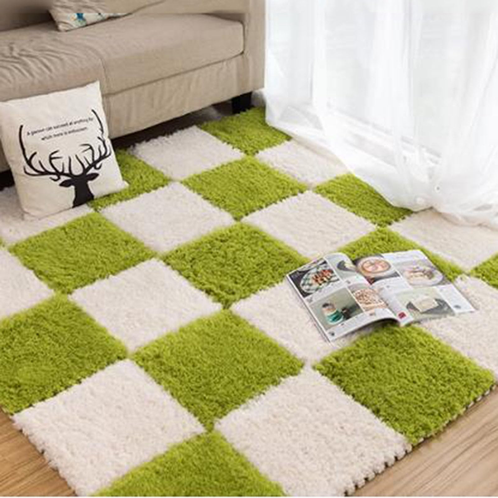 Square Foam Play Mat -30pcs 12x12x0.4in Thicken Interlocking Puzzle Plush Floor Tiles with Edges,Soft Non-Slip Climbing Carpet,for Room Floor(Size:Green+White)