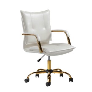 tina's home faux leather home office desk chair, adjustable swivel computer chair with golden legs and arms, comfy upholstered task chair,white