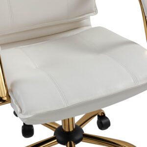 TINA'S HOME Faux Leather Home Office Desk Chair, Adjustable Swivel Computer Chair with Golden Legs and Arms, Comfy Upholstered Task Chair,WHITE