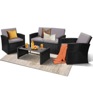 KROFEM 4 Pieces Patio Conversation Set, Outside Rattan Sectional Sofa, Cushioned Furniture Set, Wicker Sofa Ideal for Garden, Porch, Backyard, Black Color Rattan and Light Grey Cushion