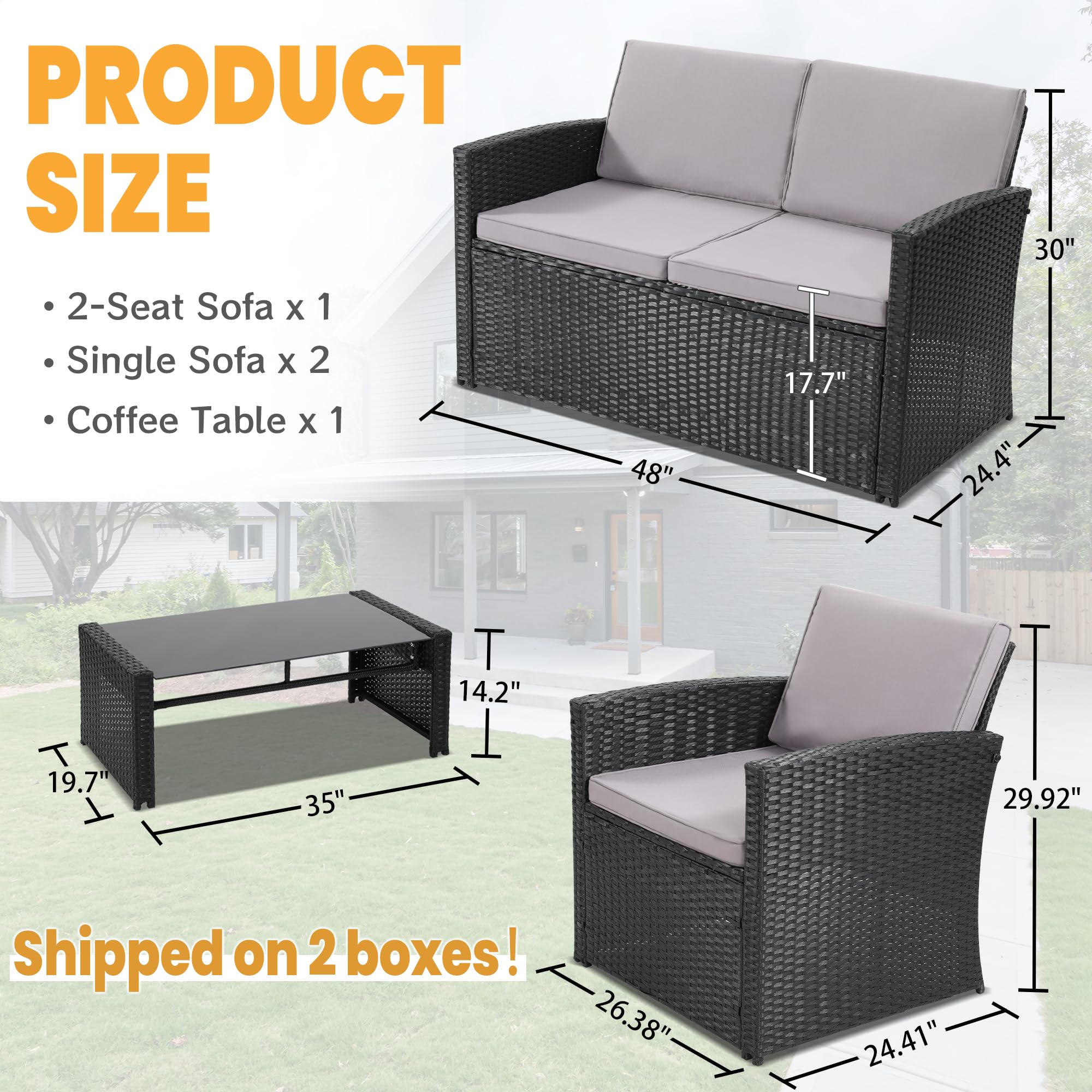 KROFEM 4 Pieces Patio Conversation Set, Outside Rattan Sectional Sofa, Cushioned Furniture Set, Wicker Sofa Ideal for Garden, Porch, Backyard, Black Color Rattan and Light Grey Cushion