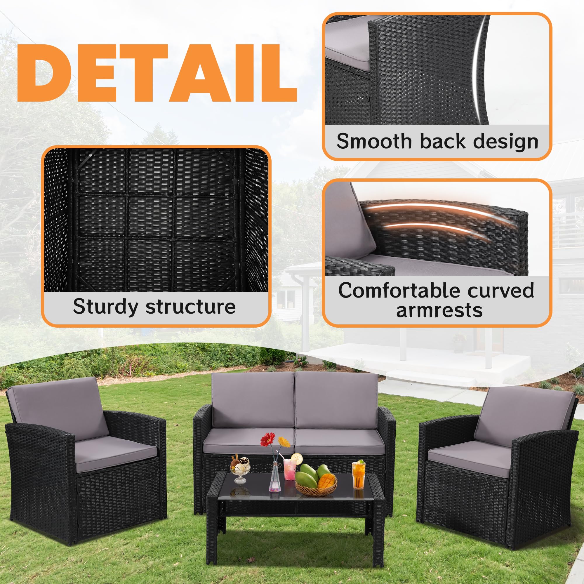 KROFEM 4 Pieces Patio Conversation Set, Outside Rattan Sectional Sofa, Cushioned Furniture Set, Wicker Sofa Ideal for Garden, Porch, Backyard, Black Color Rattan and Light Grey Cushion