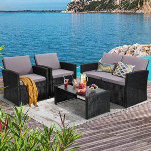 KROFEM 4 Pieces Patio Conversation Set, Outside Rattan Sectional Sofa, Cushioned Furniture Set, Wicker Sofa Ideal for Garden, Porch, Backyard, Black Color Rattan and Light Grey Cushion