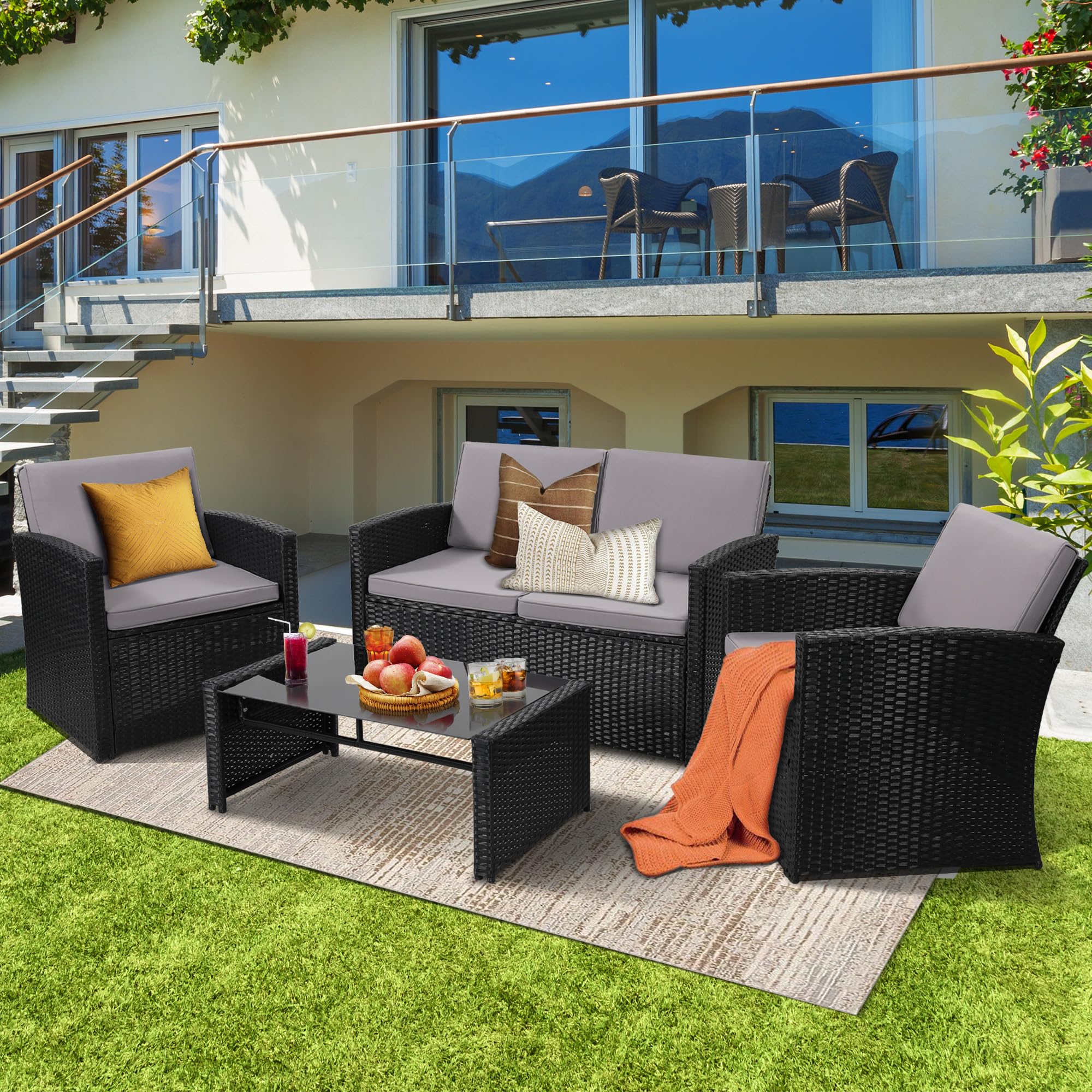 KROFEM 4 Pieces Patio Conversation Set, Outside Rattan Sectional Sofa, Cushioned Furniture Set, Wicker Sofa Ideal for Garden, Porch, Backyard, Black Color Rattan and Light Grey Cushion