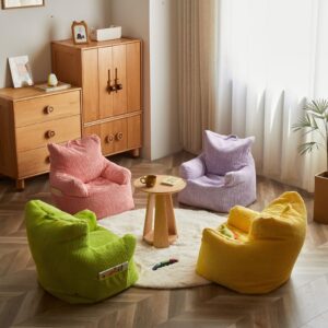 Wayshome Corduroy Bean Bag Chairs for Kids - Pink & Yellow Comfy Toddler Chair with Storage Pockets (Pink)