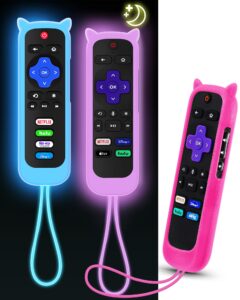 3pcs onebom roku remote cover with cat ears design, silicone skin case fit with hisense/tcl roku tv, steaming stick/express, universal replacement controller, glow in the dark,green/purple/rosered