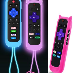 3Pcs ONEBOM Roku Remote Cover with Cat Ears Design, Silicone Skin Case Fit with Hisense/TCL Roku TV, Steaming Stick/Express, Universal Replacement Controller, Glow in The Dark,Green/Purple/RoseRed