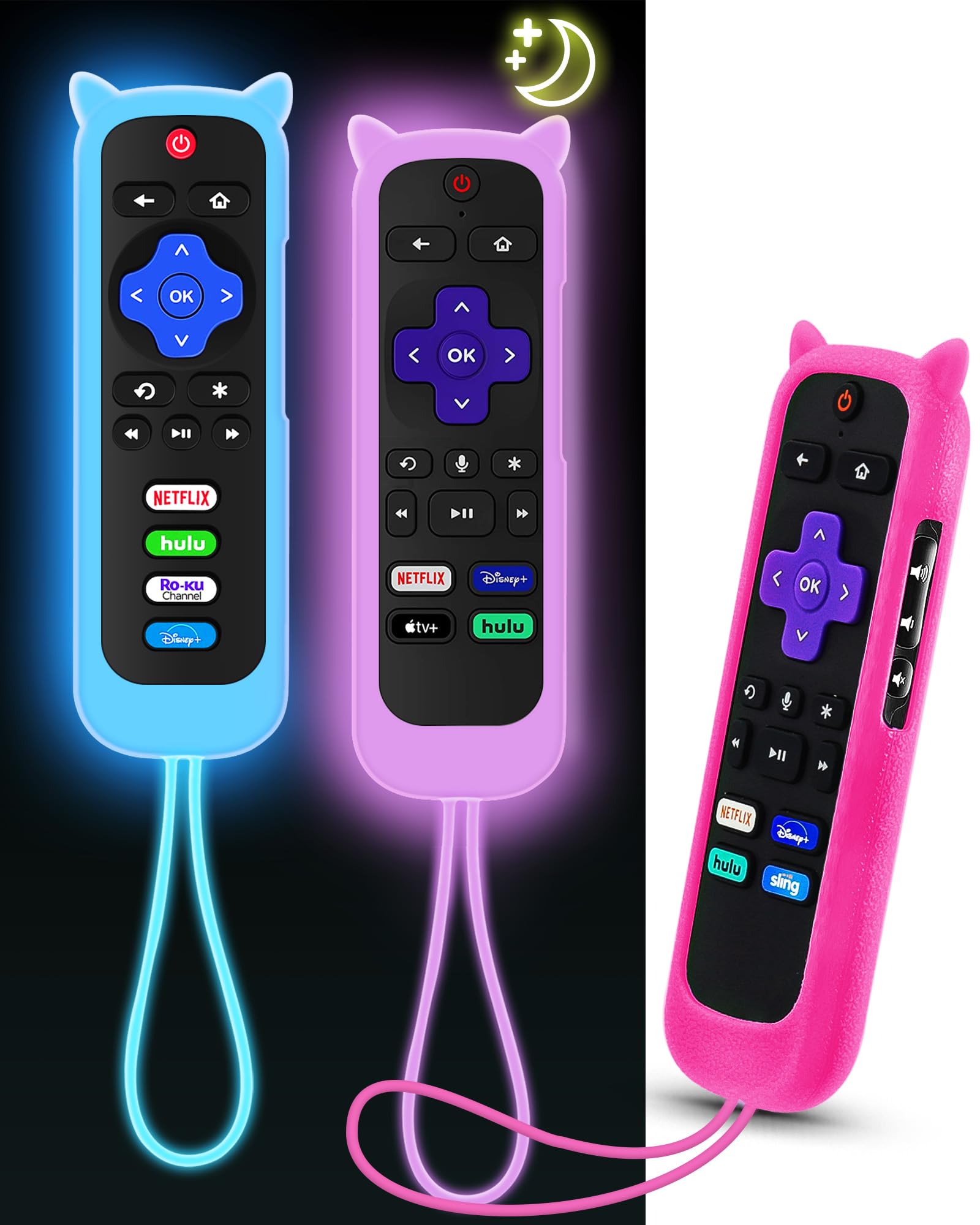 3Pcs ONEBOM Roku Remote Cover with Cat Ears Design, Silicone Skin Case Fit with Hisense/TCL Roku TV, Steaming Stick/Express, Universal Replacement Controller, Glow in The Dark,Green/Purple/RoseRed