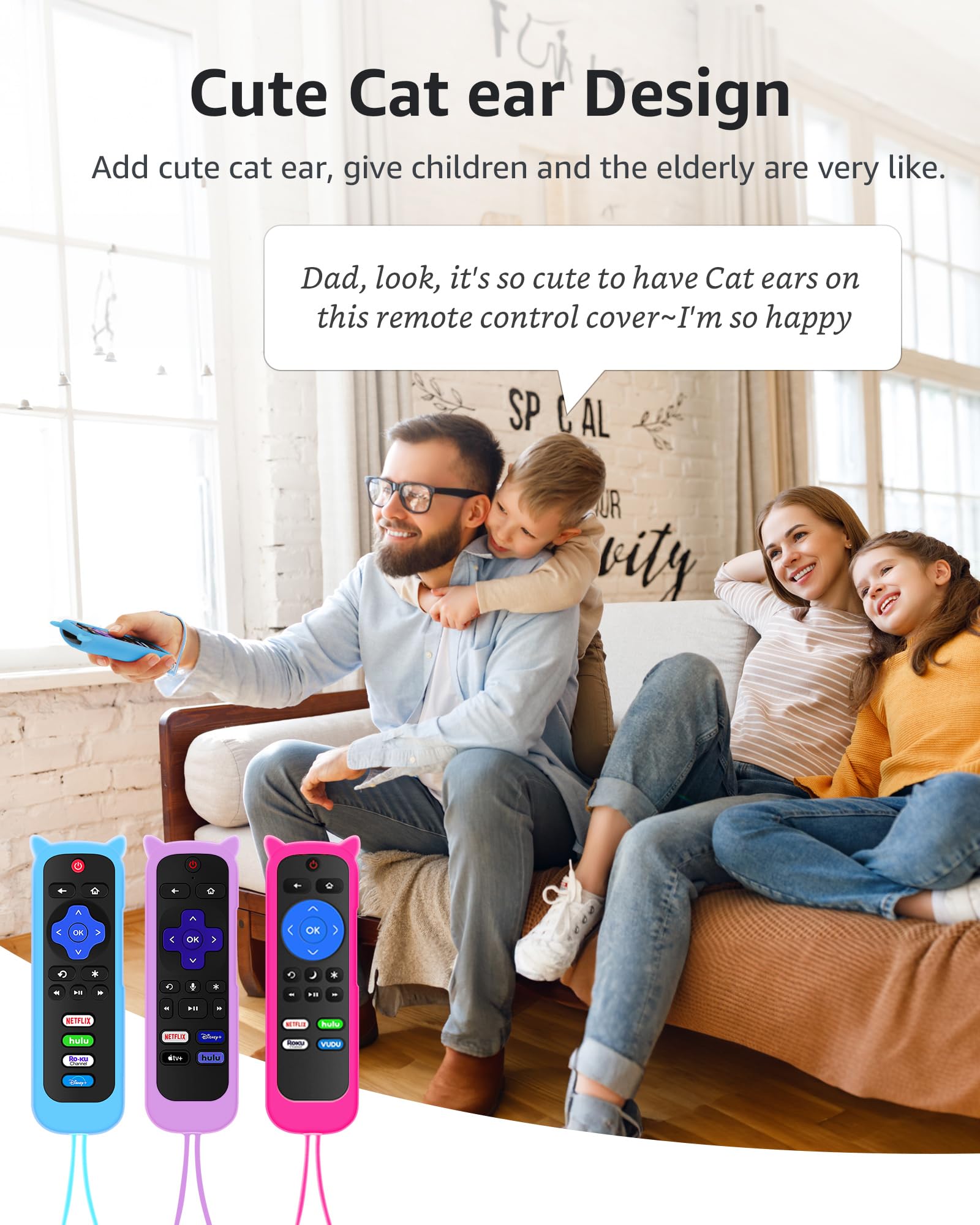 3Pcs ONEBOM Roku Remote Cover with Cat Ears Design, Silicone Skin Case Fit with Hisense/TCL Roku TV, Steaming Stick/Express, Universal Replacement Controller, Glow in The Dark,Green/Purple/RoseRed