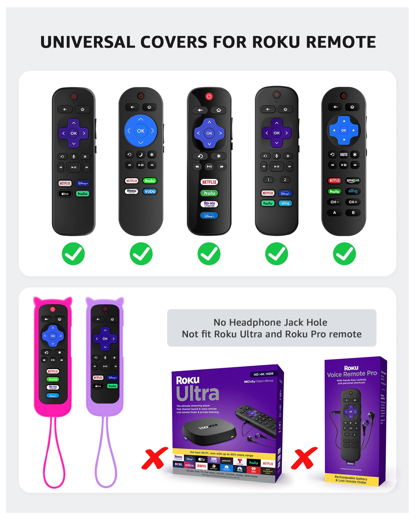 3Pcs ONEBOM Roku Remote Cover with Cat Ears Design, Silicone Skin Case Fit with Hisense/TCL Roku TV, Steaming Stick/Express, Universal Replacement Controller, Glow in The Dark,Green/Purple/RoseRed