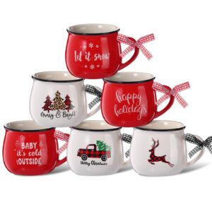 sawysine christmas coffee mugs set of 6, 12 oz ceramic mug gift holiday hot cocoa for mom woman family friend farmhouse (elegant style)