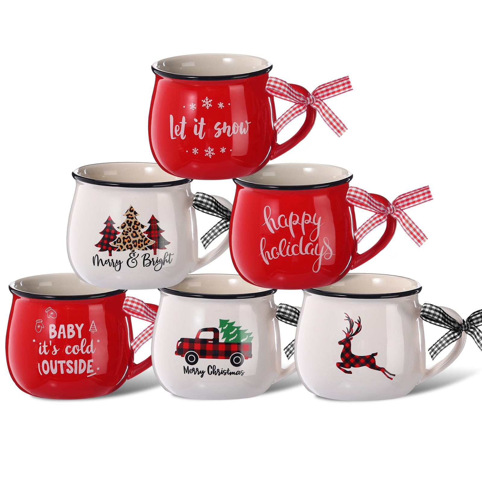 Sawysine Christmas Coffee Mugs Set of 6, 12 oz Ceramic Mug Gift Holiday Hot Cocoa for Mom Woman Family Friend Farmhouse (Elegant Style)