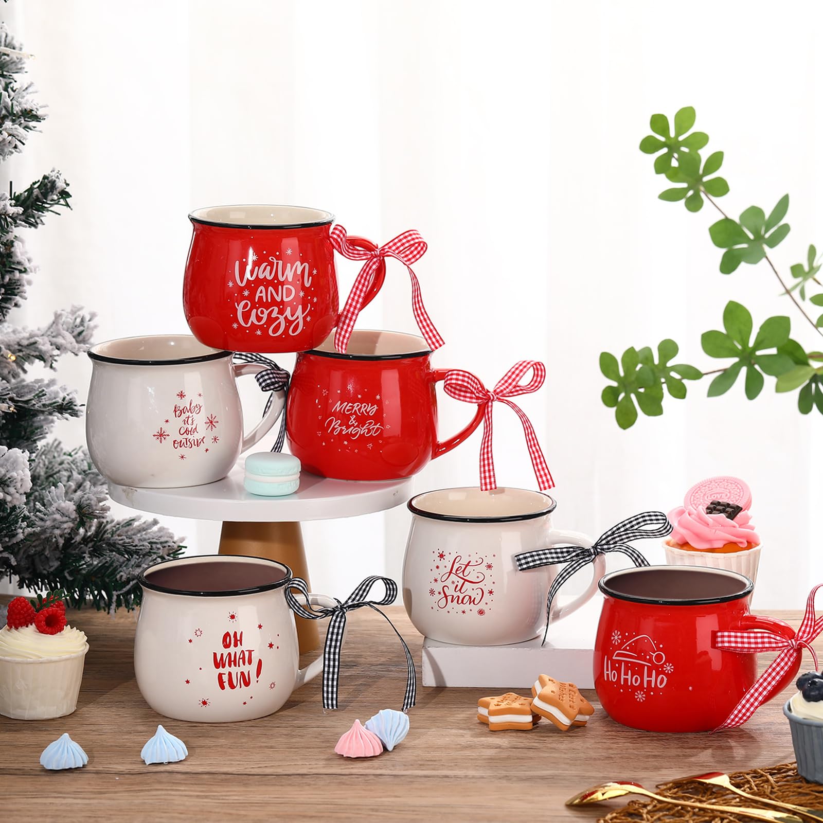 Sawysine Christmas Coffee Mugs Set of 6, 12 oz Ceramic Mug Gift Holiday Hot Cocoa for Mom Woman Family Friend Farmhouse (Elegant Style)