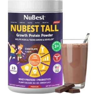 nubest tall protein powder for kids & teens - whey protein powder - chocolate protein powder shake - protein drink with probiotics, omega 3-6-9, vitamin d3 + k2, calcium, vitamin - 15 servings