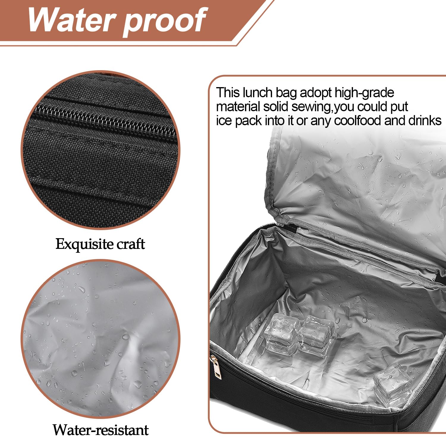 KNETAP Lunch Bag for Men and Women - Black, Waterproof, Leakproof, Large Capacity, Thermal Insulation, Reusable, Portable, Multi-Purpose