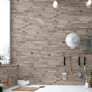 V-MOZZA Peel and Stick Stone Tile, 5-Sheet Peel and Stick Stone Mosaic Backsplash 11.5" x 10.7" 3D Marble Look Backsplash Tiles for Kitchen Fireplace (Mixed Tan)