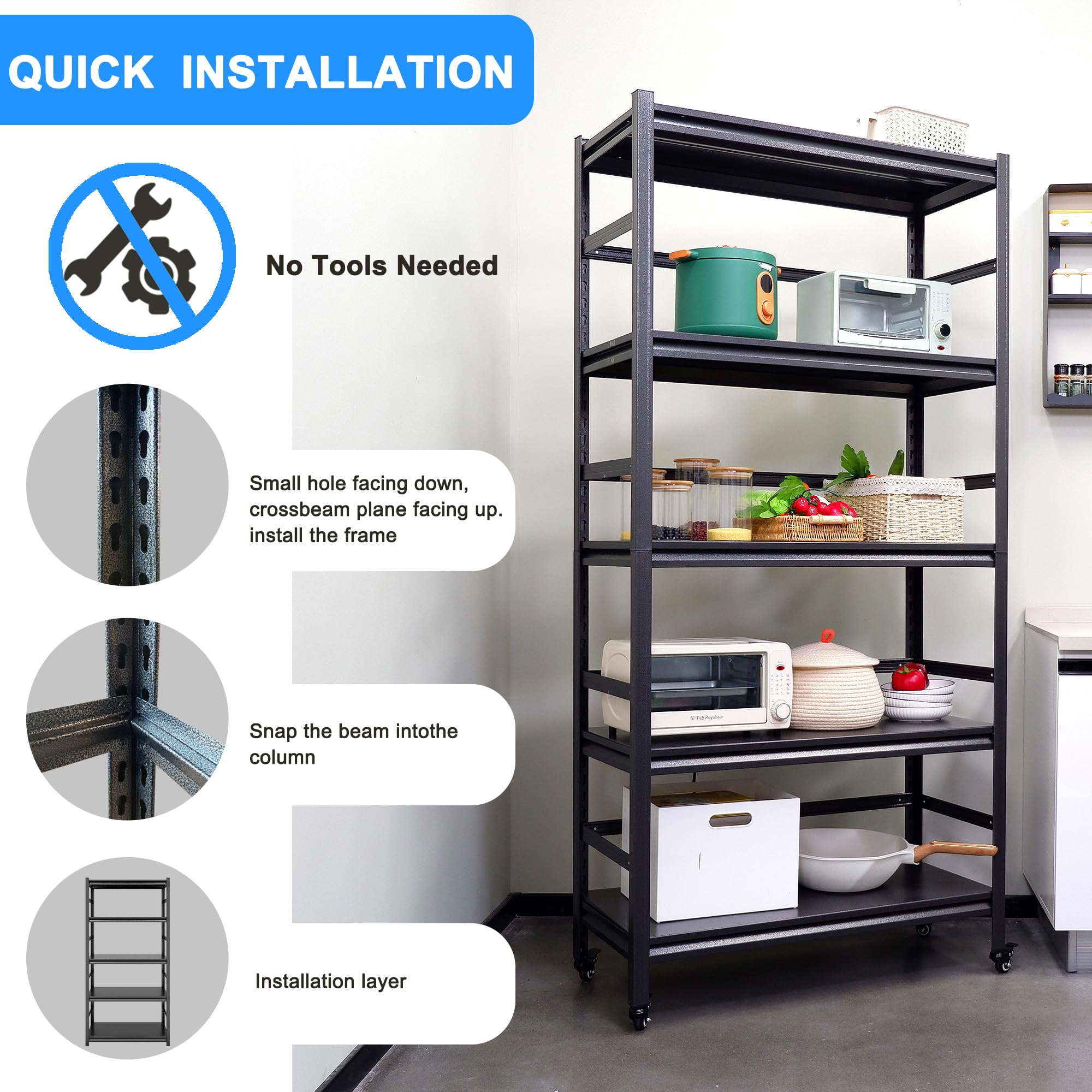 Livavege 63''H Storage Shelving Units, Adjustable 5-Tier Pantry Shelves with Wheels Load 1750LBS, Garage Shelving Heavy Duty Metal Storage Shelves Utility Rack for Kitchen Warehouse Basement Laundry