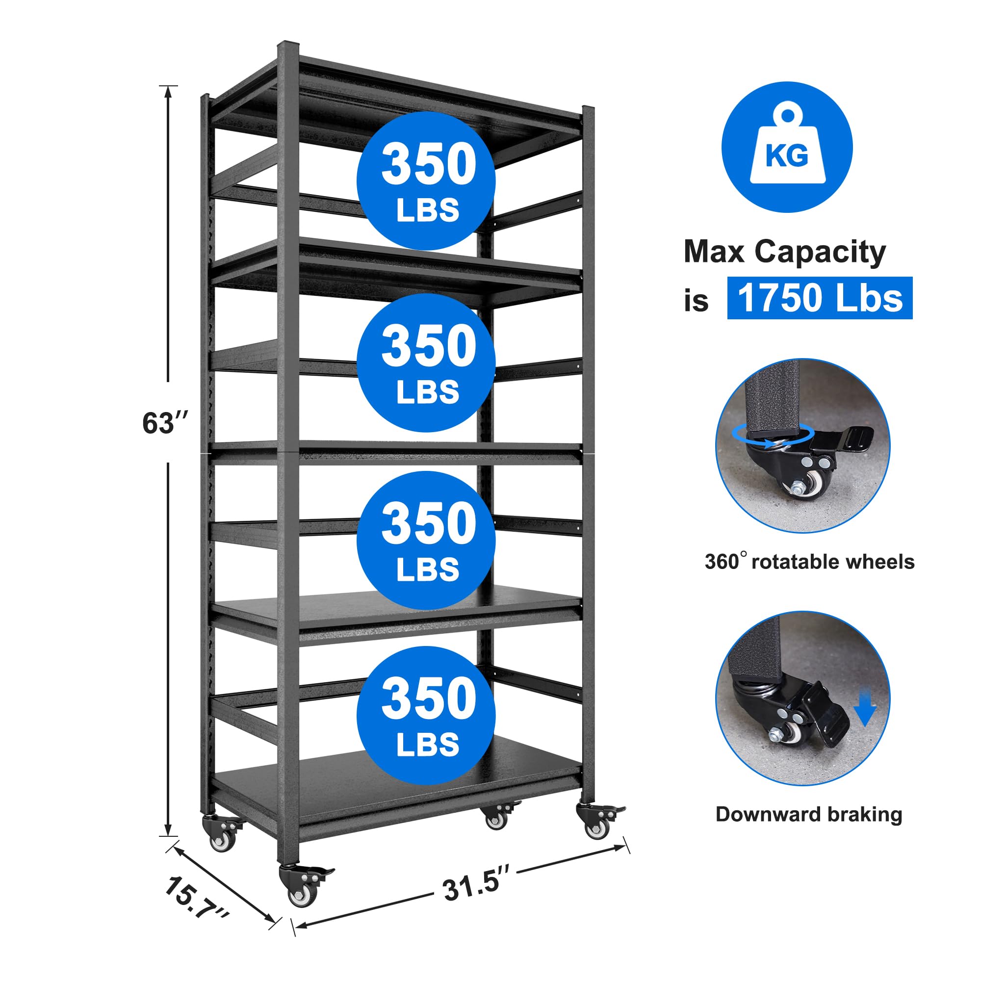 Livavege 63''H Storage Shelving Units, Adjustable 5-Tier Pantry Shelves with Wheels Load 1750LBS, Garage Shelving Heavy Duty Metal Storage Shelves Utility Rack for Kitchen Warehouse Basement Laundry