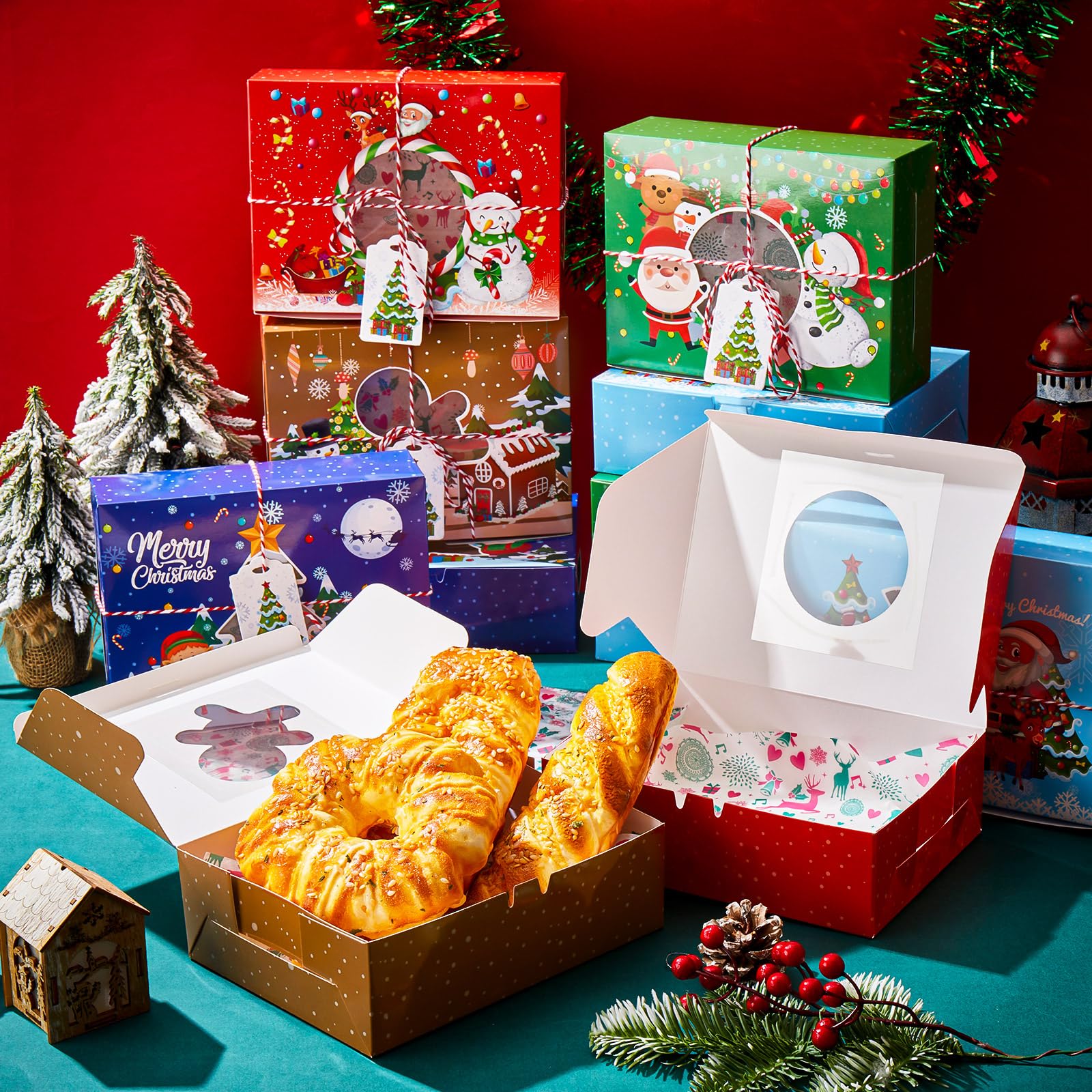 Zhanmai 50 Pack Christmas Cookie Boxes with 50Pcs Wax Paper Christmas Gift Boxes with Window Xmas Cookie Boxes Candy Bakery Treat Boxes for Christmas Gift Holiday Party Favors Supplies Tree Decoration