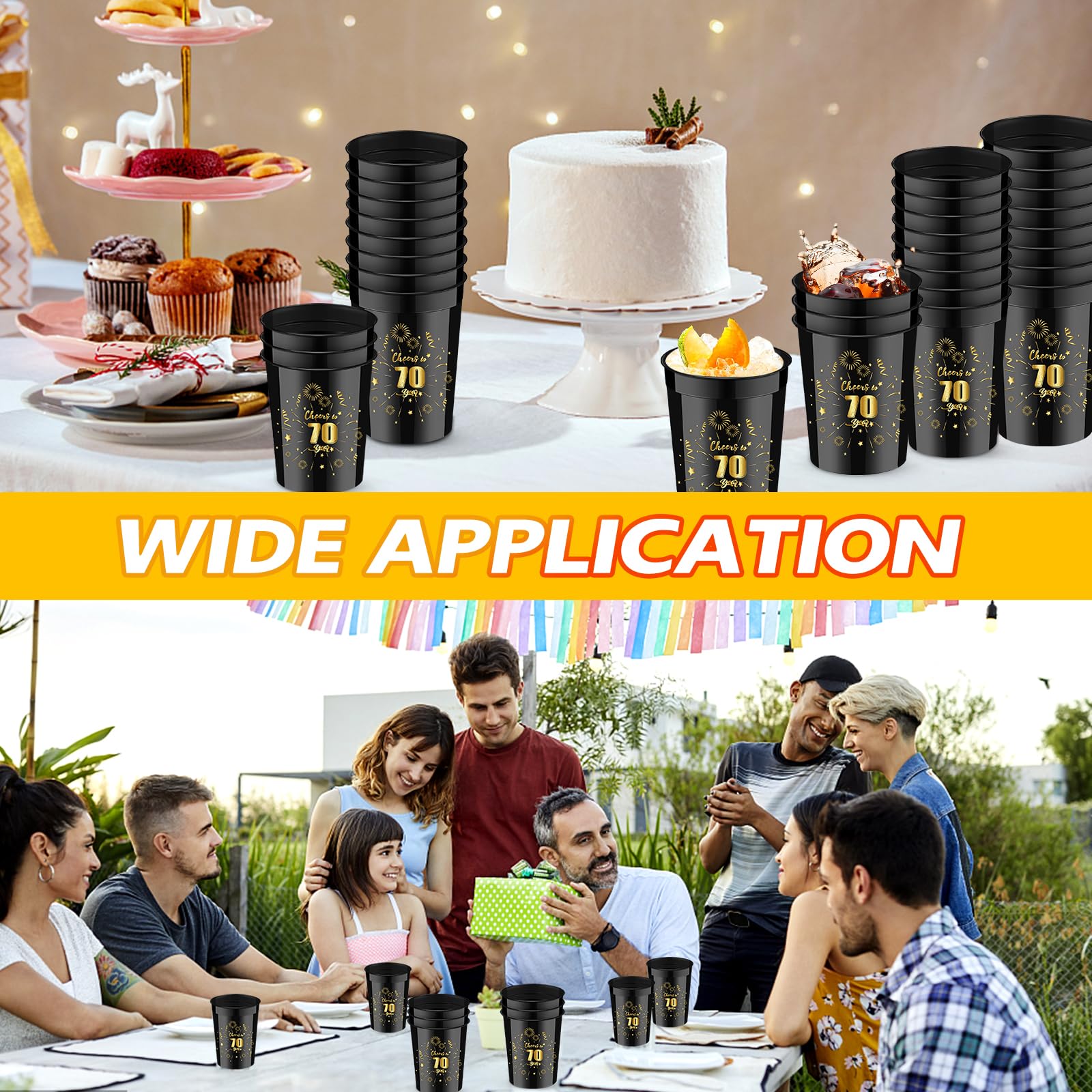 Mototo 30 Pieces 70th Small Birthday Cups 8 oz Cheer to 70 Years Plastic Cups Plastic Birthday Stadium Cups Black and Gold Plastic Cups for Birthday Party Favors Anniversary Wedding Party Supplies