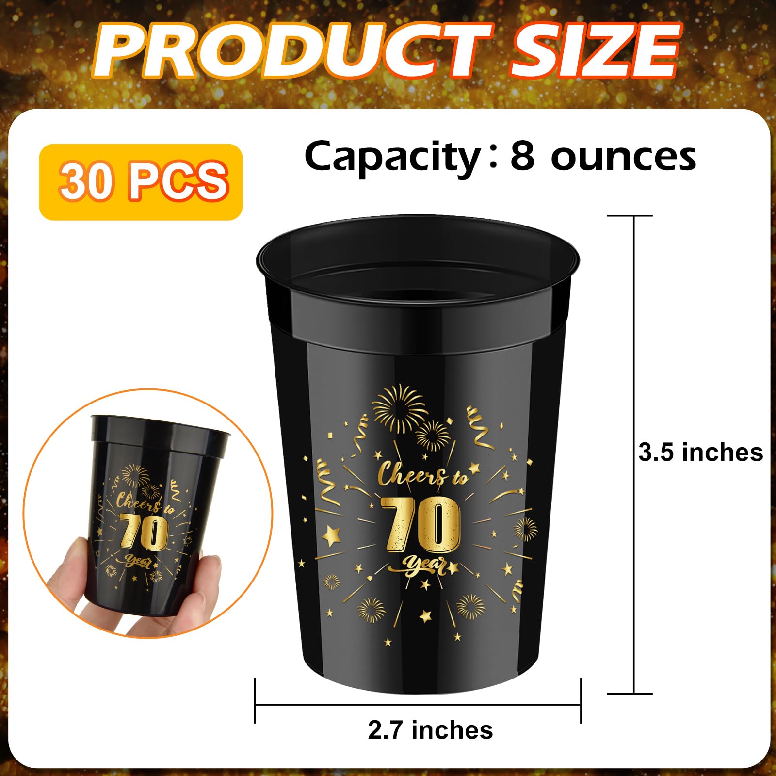 Mototo 30 Pieces 70th Small Birthday Cups 8 oz Cheer to 70 Years Plastic Cups Plastic Birthday Stadium Cups Black and Gold Plastic Cups for Birthday Party Favors Anniversary Wedding Party Supplies