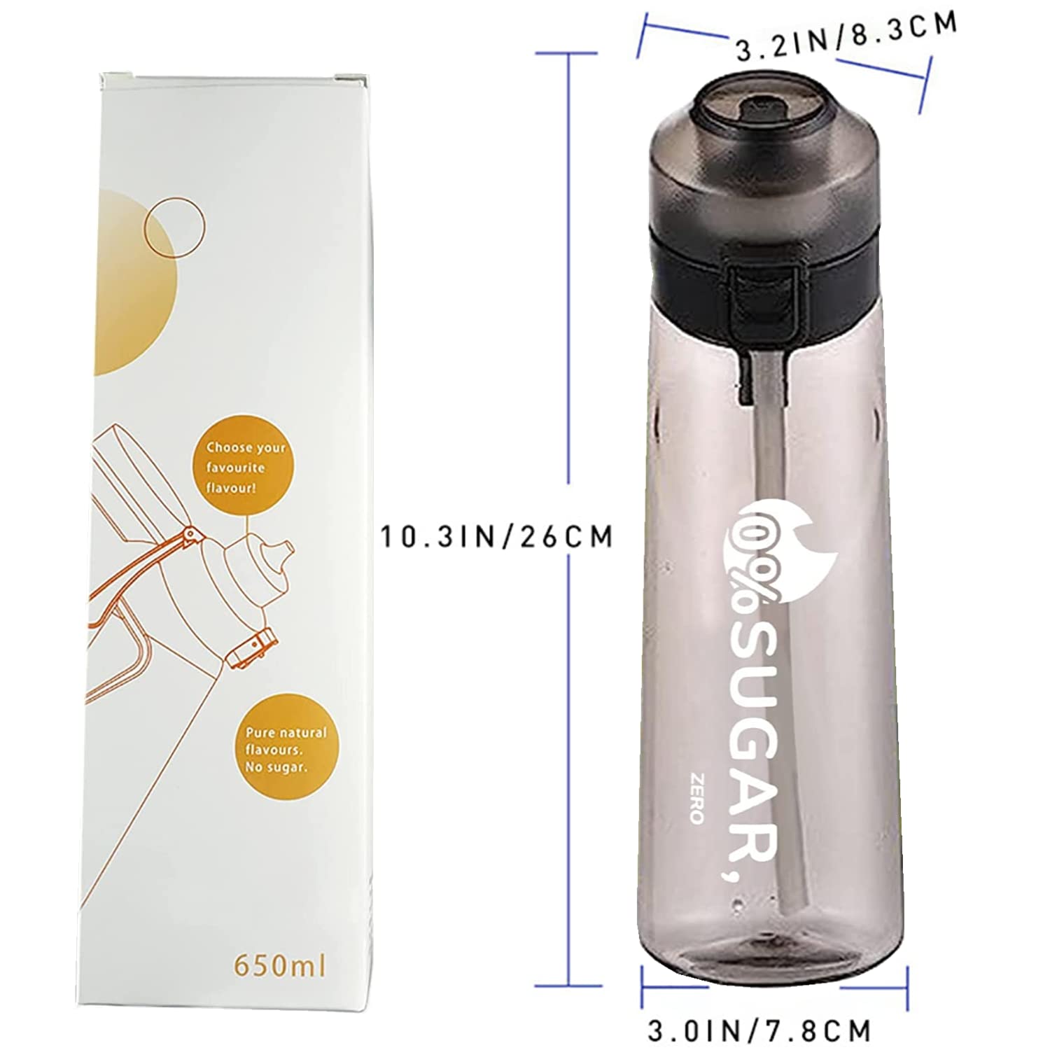 Air Water Bottle with 7 Flavor Pods, 650ML Fruit Fragrance Water Bottle, 0% Sugar Water Cup BPA Free, Sports Water Cup Suitable for Gym and Outdoor Sports (Black)