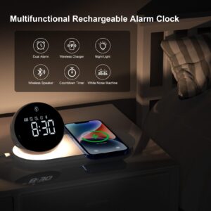 Digital Clock, Alarm Clock with Fast 15W Wireless Charger for Bedroom,Teen Girls Boys Gifts, Dual Alarm, 20 Sleep Sounds, Bluetooth Speaker, Night Light, Bedside Clock for Heavy Sleepers Adults