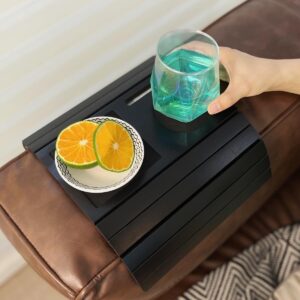 SUYUDSM Sofa Armrest Table Tray for Couch, Foldable Bamboo Sofa Tray Phone Holder, Small Couch Arm Side Table Perfect for Cup Drinks Snacks Remote Control, Small Size (Black)