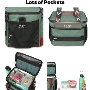 SUNNY BIRD 12L Large Insulated Lunch Bag, Foldable Lunch Cooler Box for Women Adult and Men, Fits 18 Cans (Green with boho strap)