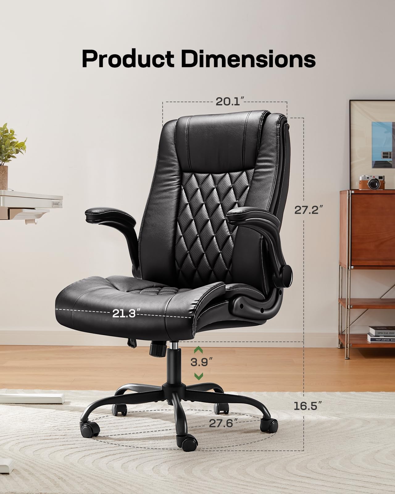 Marsail Executive Office Chair with Flip-up Armrests,PU Leather Ergonomic Desk Chair Height-Adjustable Swivel Rolling Computer Desk Chair,Black