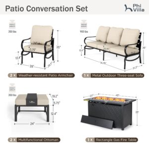 PHI VILLA 8 PCS Patio Furniture Set with 1 x 45 FirePit Table, 1 x 72 Sofa Bench, 4 x Armrest Sofa Chairs and 2 x Metal Cushioned Ottoman