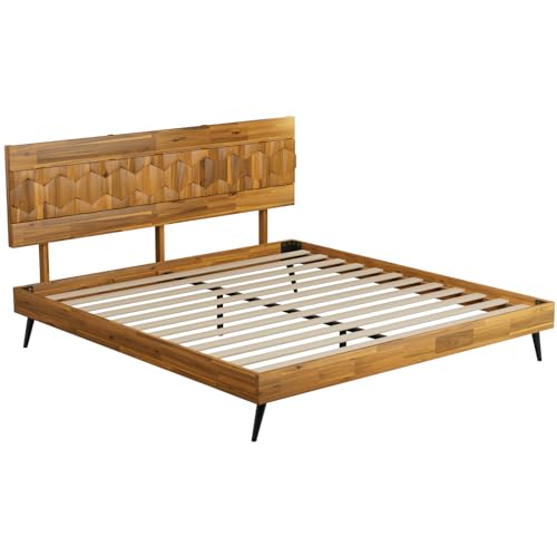 Bme Georgina King Bed Frame and Headboard, Handcrafted Geometric Pattern Solid Wood Platform Bed Frame, No Box Spring Needed, 12 Strong Wood Slats Support, Easy Assembly, Teak Brown