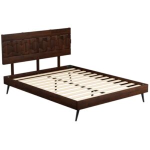 bme georgina queen bed frame and headboard, handcrafted geometric pattern solid wood platform bed frame, no box spring needed, 12 strong wood slats support, easy assembly, walnut