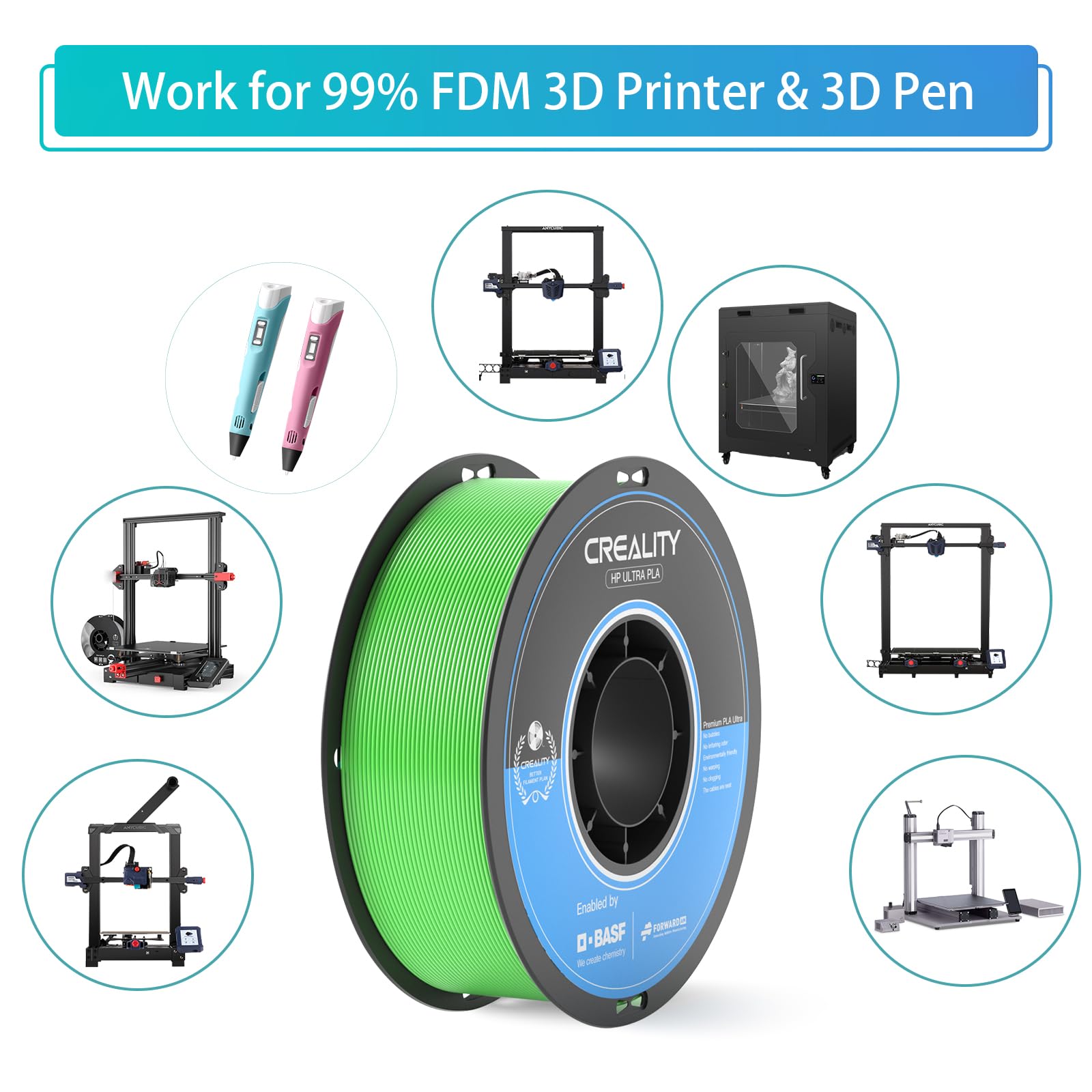 Creality PLA Filament 1.75mm Green, 1.75 PLA 3D Printer Filament, Less Bubbles No Odor, High Toughness Print PLA Filament BASF for Most FDM 3D Printer, Dimensional Accuracy +/- 0.03 mm, 1KG Spool