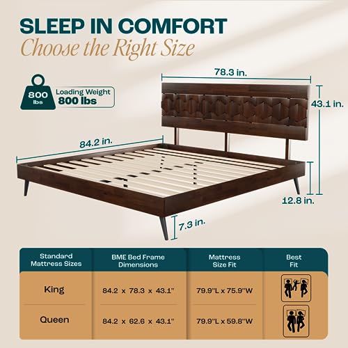 Bme Georgina King Bed Frame and Headboard, Handcrafted Geometric Pattern Solid Wood Platform Bed Frame, No Box Spring Needed, 12 Strong Wood Slats Support, Easy Assembly, Walnut