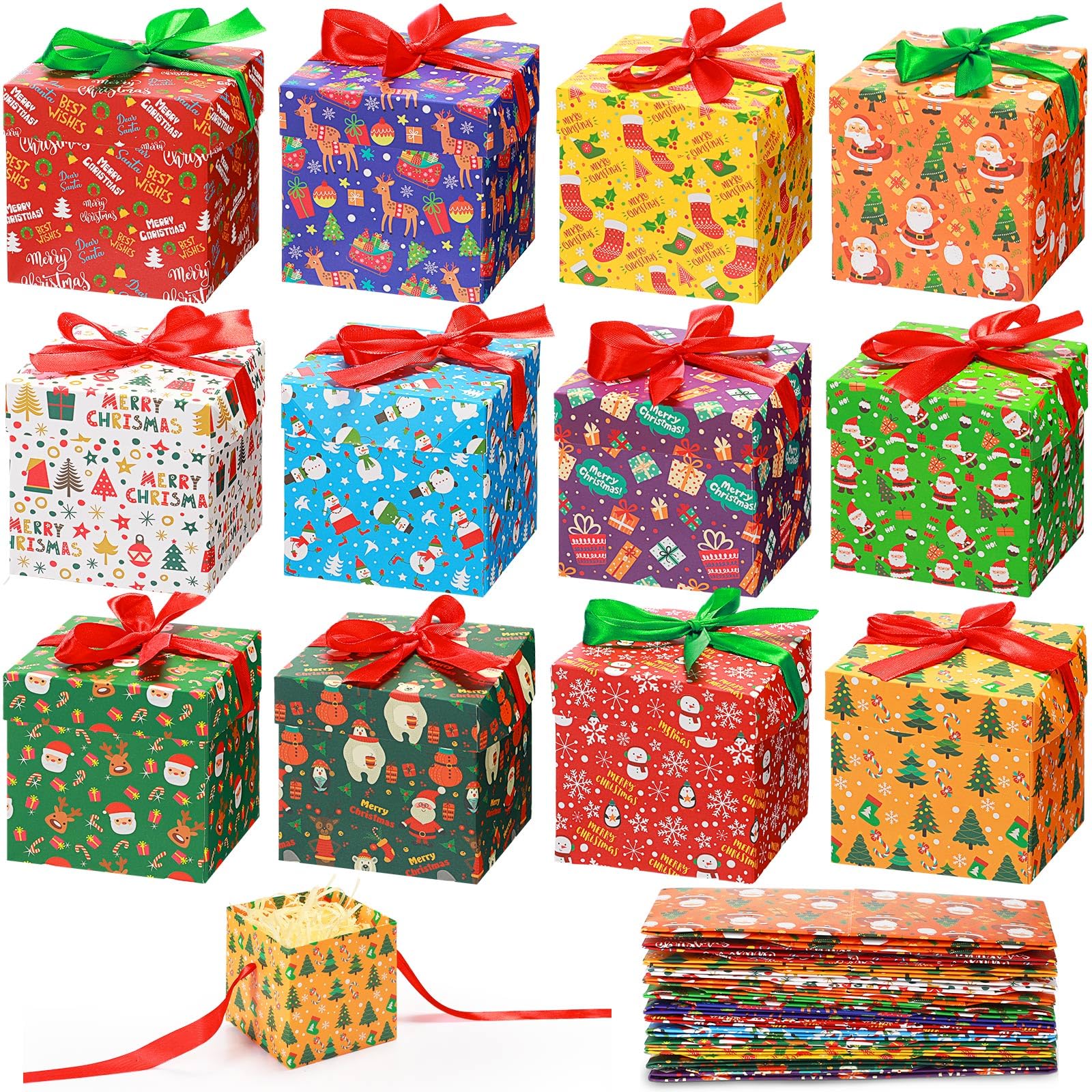 Cholemy 36 Pieces Christmas Gift Boxes with Lids Small Squared Boxes with Ribbon Xmas 4x4x4 Boxes Holiday Bow Box Gift Wrap Boxes for Christmas Party Favor Present Packaging, 12 Designs