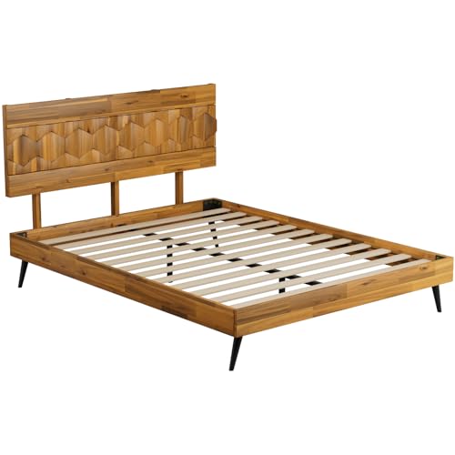 Bme Georgina Queen Bed Frame and Headboard, Handcrafted Geometric Pattern Solid Wood Platform Bed Frame, No Box Spring Needed, 12 Strong Wood Slats Support, Easy Assembly, Teak Brown