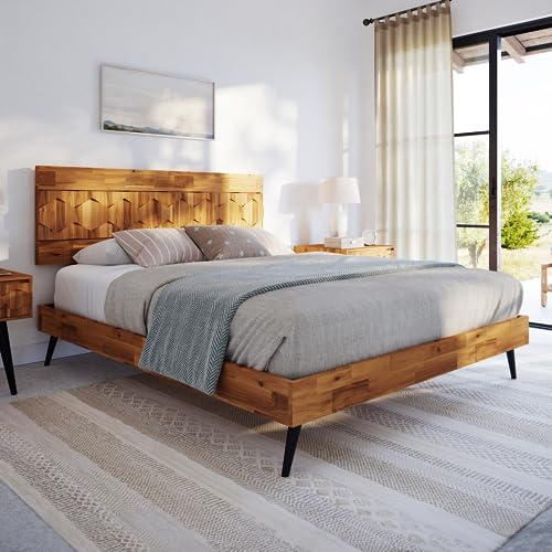 Bme Georgina Queen Bed Frame and Headboard, Handcrafted Geometric Pattern Solid Wood Platform Bed Frame, No Box Spring Needed, 12 Strong Wood Slats Support, Easy Assembly, Teak Brown