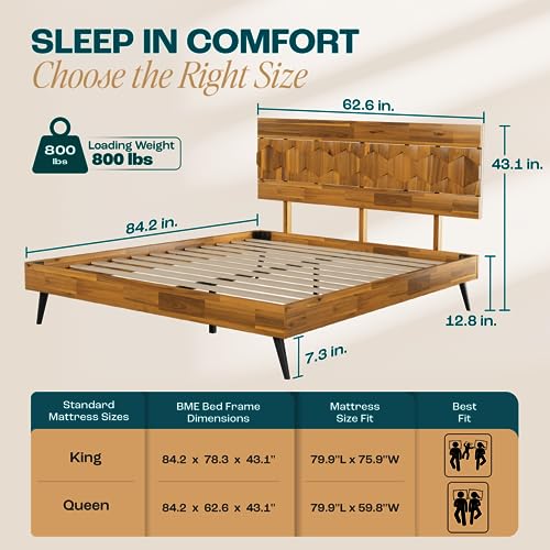 Bme Georgina Queen Bed Frame and Headboard, Handcrafted Geometric Pattern Solid Wood Platform Bed Frame, No Box Spring Needed, 12 Strong Wood Slats Support, Easy Assembly, Teak Brown