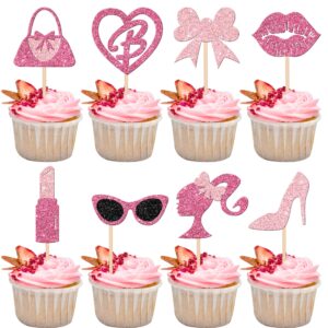 24 PCS Princess Cupcake Toppers Glitter Pink Girl Cupcake Picks Handbag Glasses Bow Lipstick Tie High Heel Cake Decorations for Wedding Bridal Shower Baby Shower Birthday Party Supplies