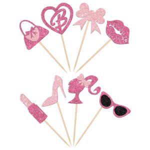 24 PCS Princess Cupcake Toppers Glitter Pink Girl Cupcake Picks Handbag Glasses Bow Lipstick Tie High Heel Cake Decorations for Wedding Bridal Shower Baby Shower Birthday Party Supplies