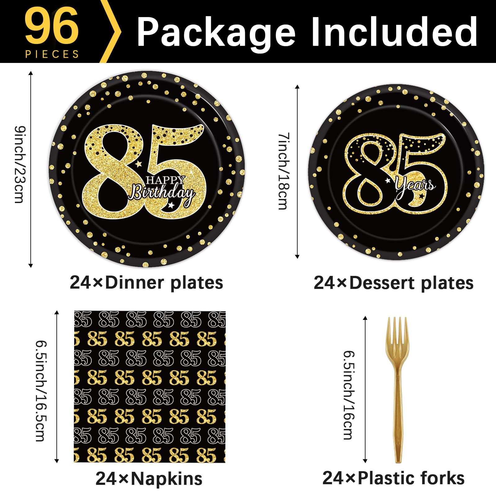 96 Pcs 85th Birthday Party Supplies 85th Birthday Tableware Plates Cheers to 85 Years Table Decorations Dinnerware Happy 85th Birthday Party Favor for Men Woman Eighty-five Years Birthday 24 Guests