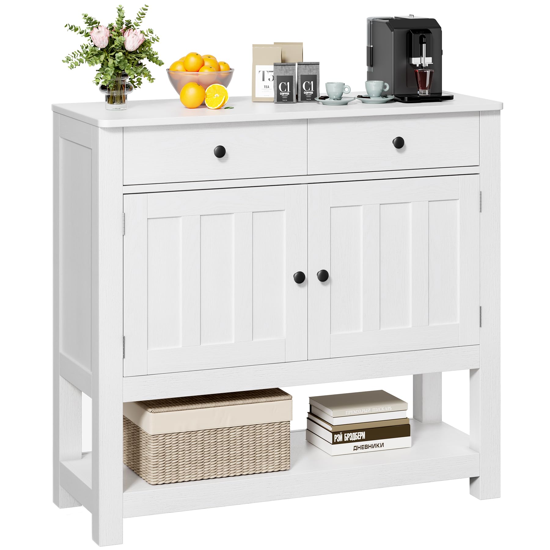 Gizoon Buffet Sideboard Cabinet with Storage, 33.5''H Farmhouse Coffee Bar with 2 Cabinets and 2 Drawers, Console Table with Open Storage Shelf for Kitchen, Dining Room, Living Room, Entryway, White